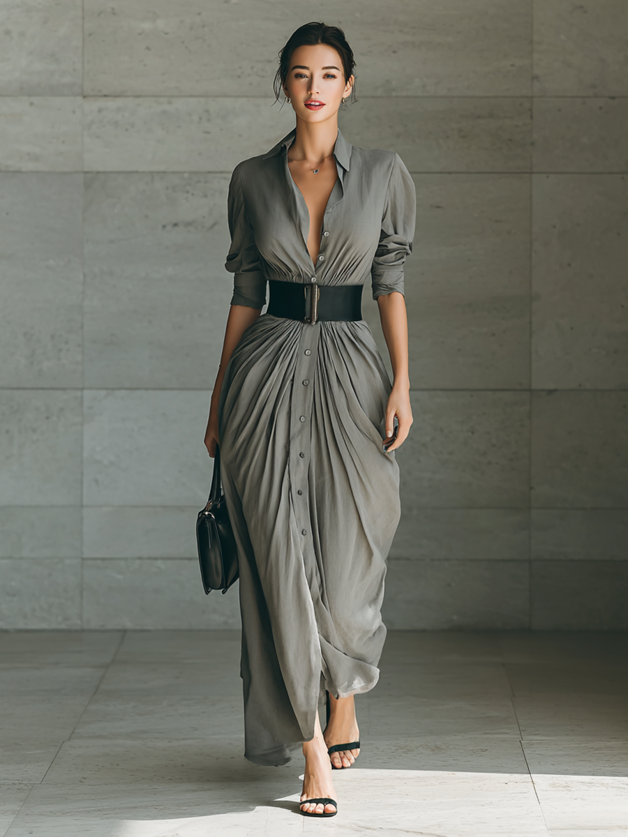 Moira | Grey Pleated Belted Maxi Shirt Dress, colour Grey