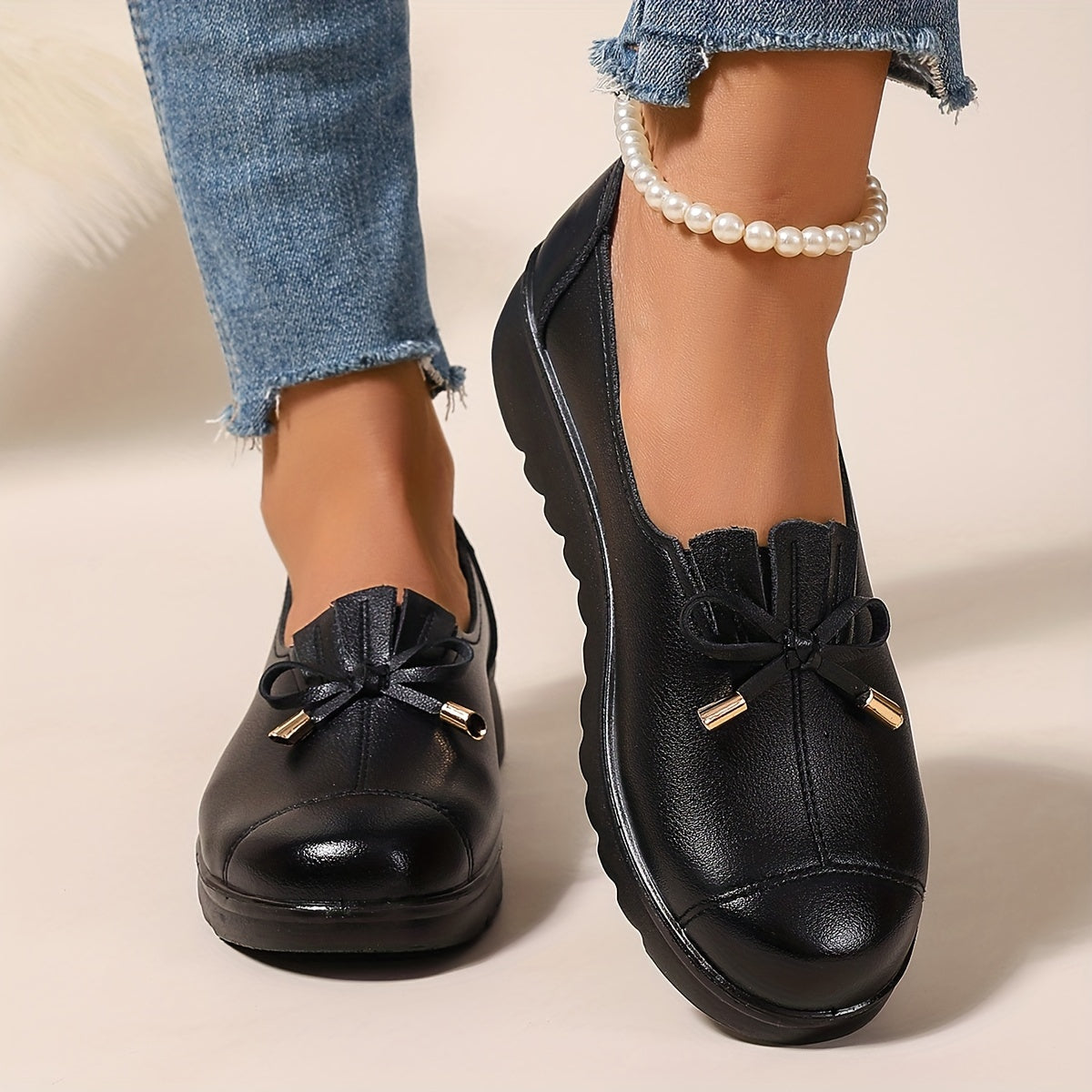 Monica | Leather-Look Bow Loafers, colour Black