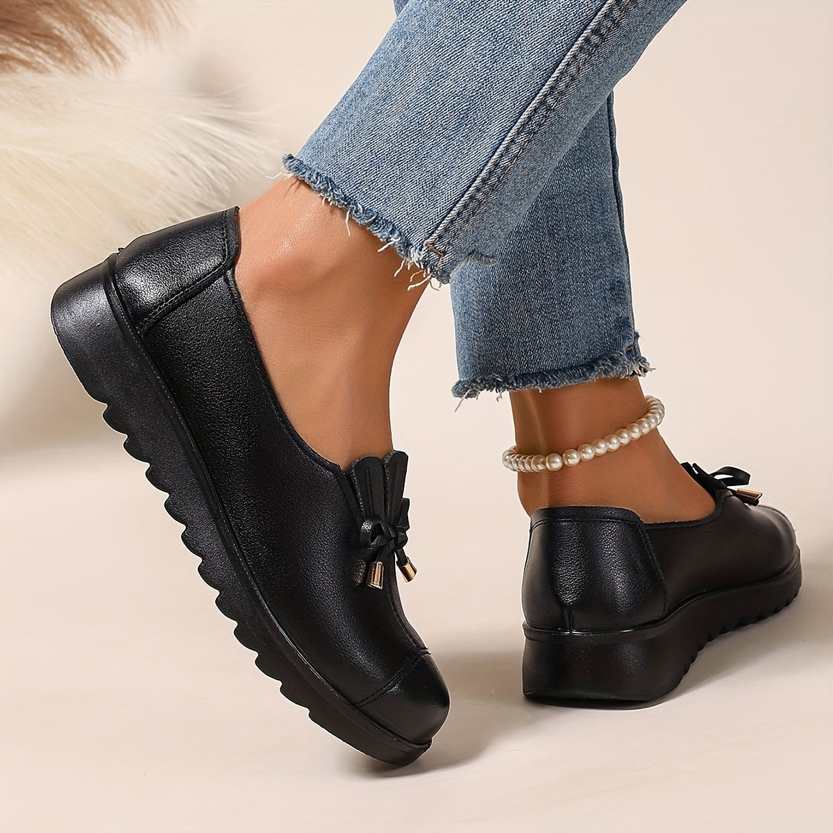 Monica | Leather-Look Bow Loafers, colour Black