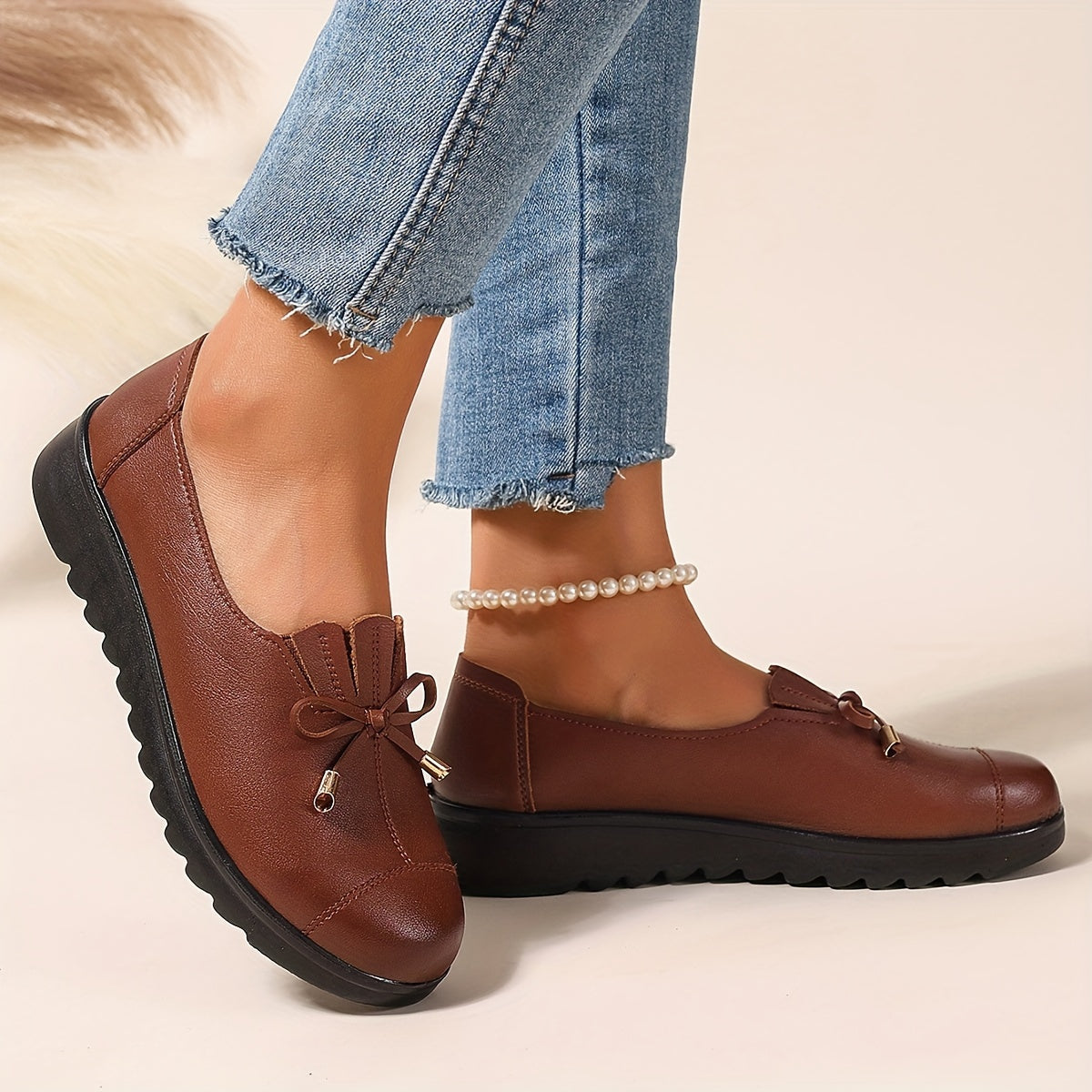 Monica | Leather-Look Bow Loafers, colour Brown