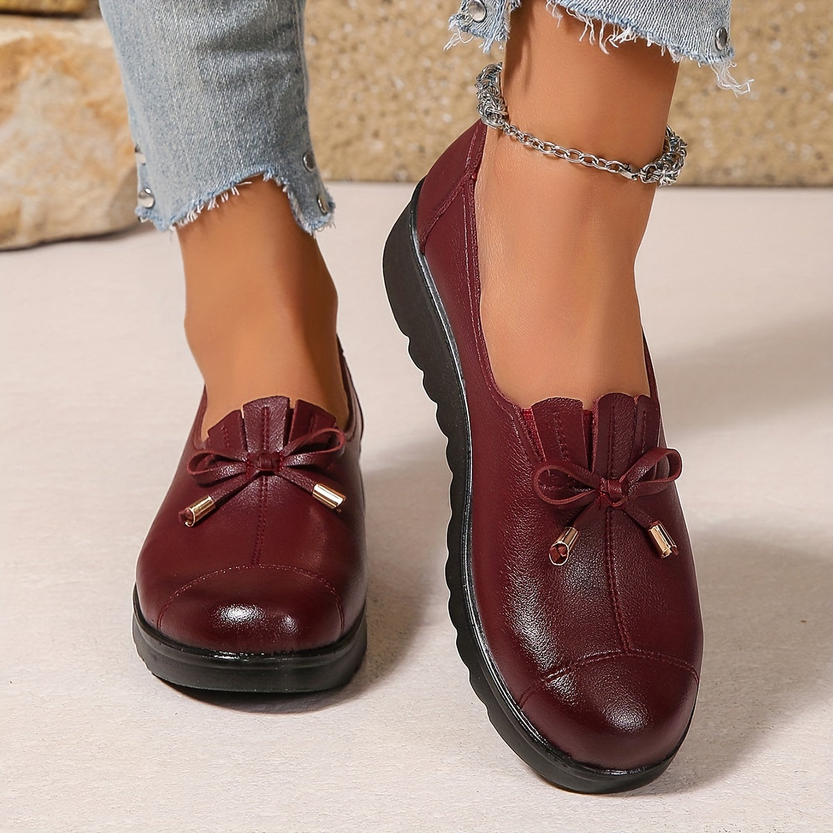 Monica | Leather-Look Bow Loafers, colour Burgundy