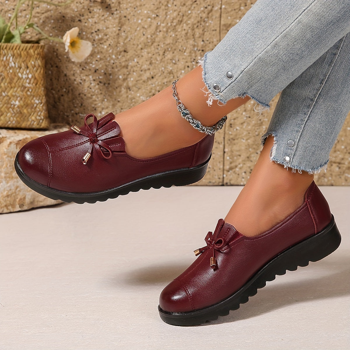 Monica | Leather-Look Bow Loafers, colour Burgundy