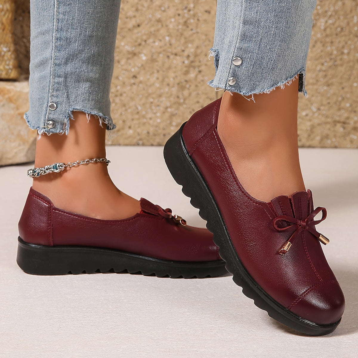 Monica | Leather-Look Bow Loafers, colour Burgundy