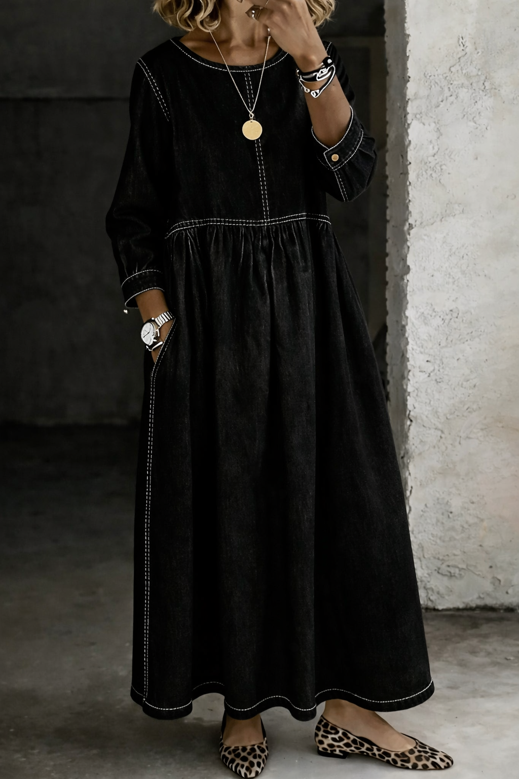 Morag | Round Neck Denim Maxi Dress, colour Black