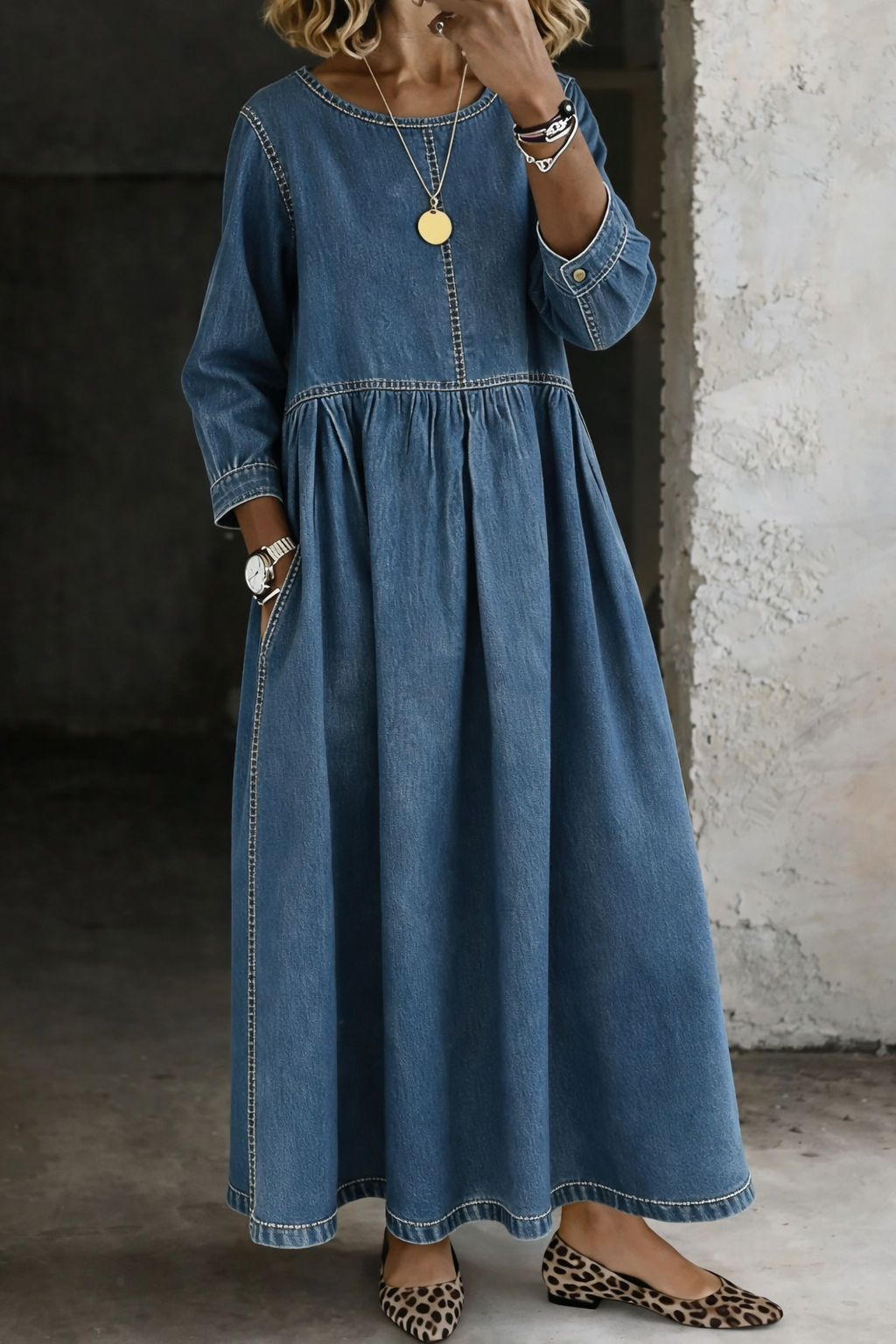 Morag | Round Neck Denim Maxi Dress, colour Blue