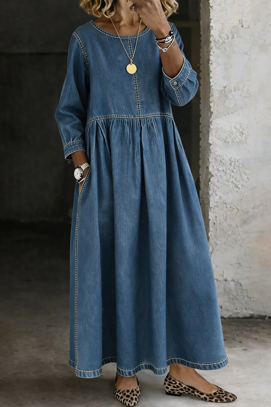 Morag | Round Neck Denim Maxi Dress