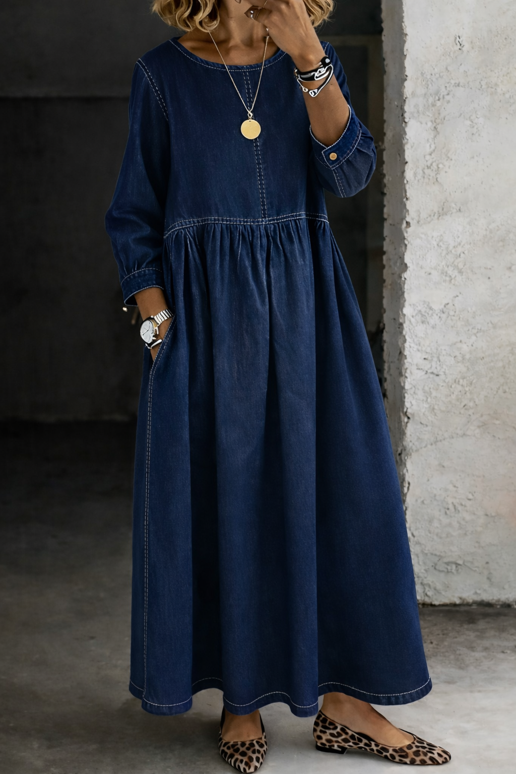 Morag | Round Neck Denim Maxi Dress, colour Navy