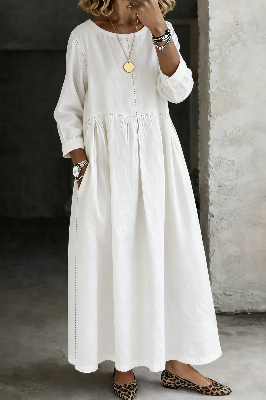 Morag | Round Neck Denim Maxi Dress, colour White