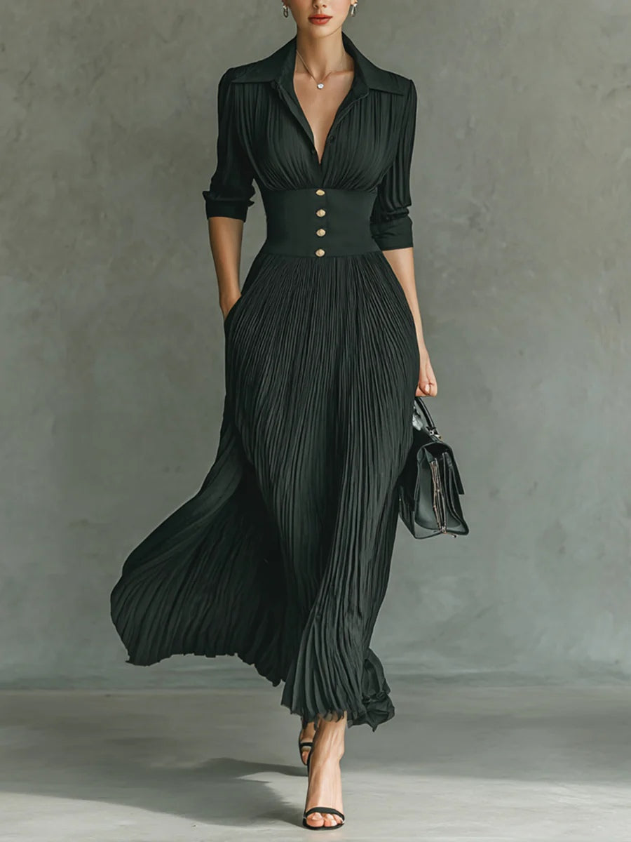 Morven | Dark Green Pleated Collared Maxi Dress