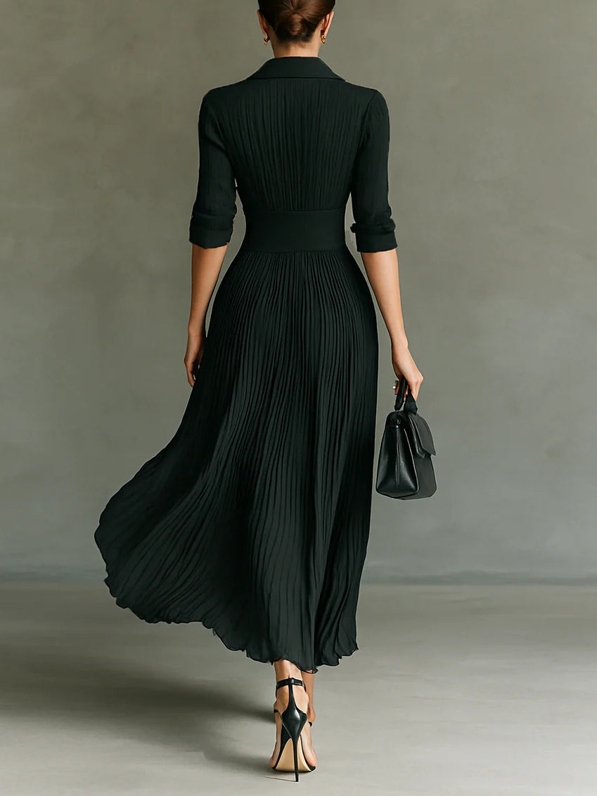 Morven | Dark Green Pleated Collared Maxi Dress, colour Dark Green