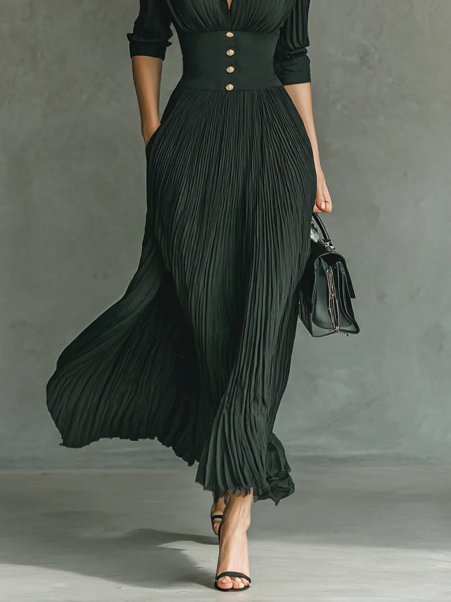 Morven | Dark Green Pleated Collared Maxi Dress, colour Dark Green