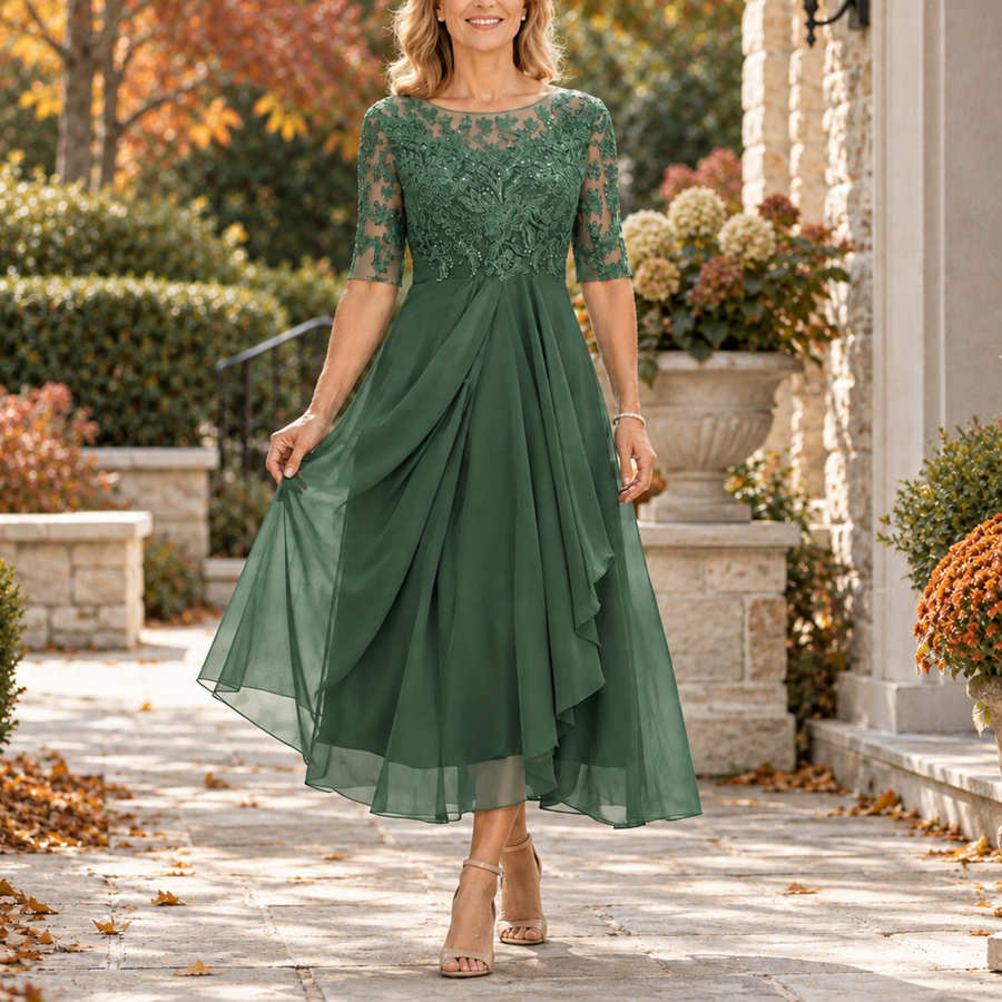 Morwenna | Green Lace Bodice Midi Dress