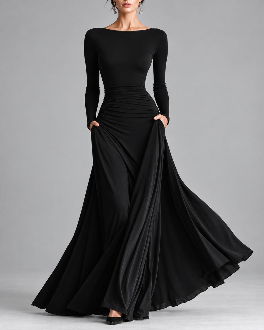 Nadia | Black Ruched Waist Flowing Maxi Dress