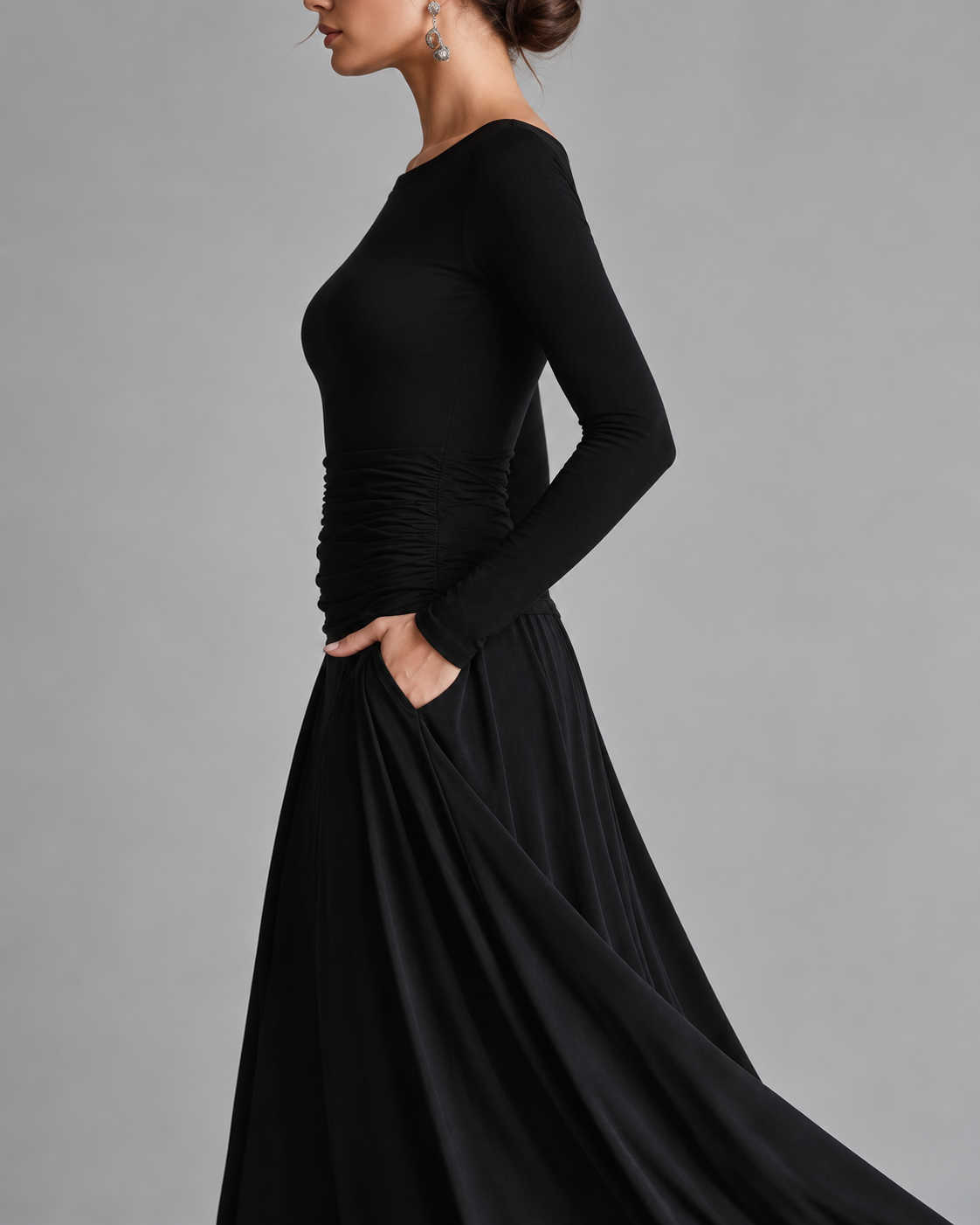 Nadia | Black Ruched Waist Flowing Maxi Dress, colour Black