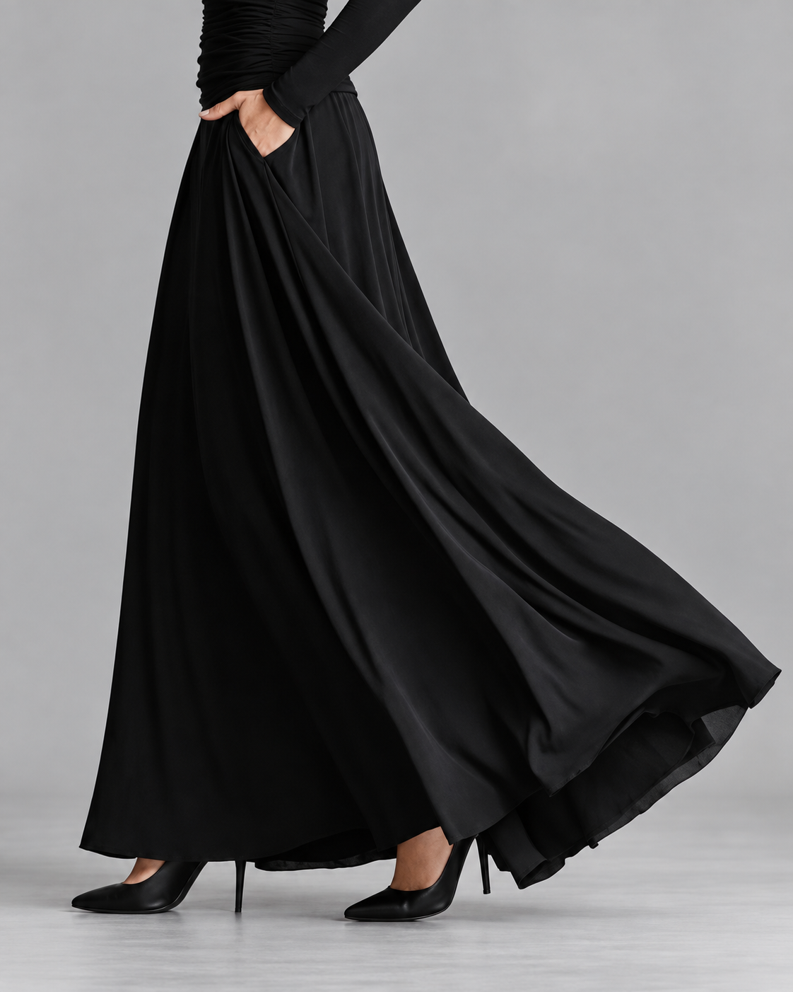 Nadia | Black Ruched Waist Flowing Maxi Dress, colour Black