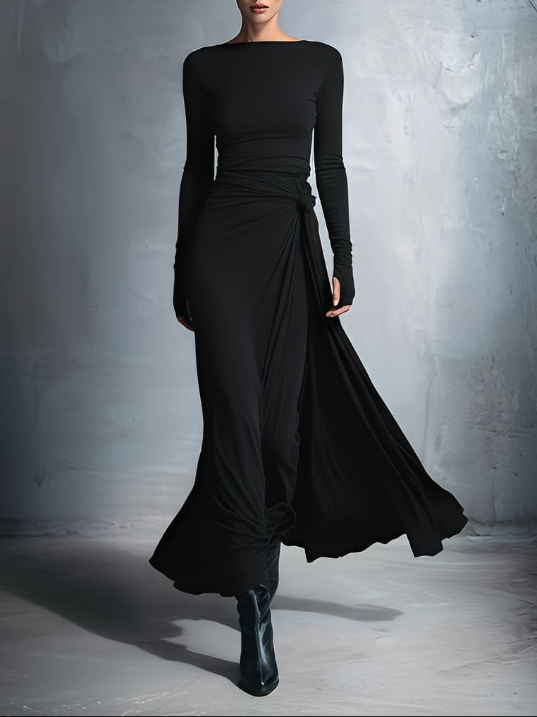 Naomi | Long Sleeve Side Knot Maxi Dress, colour Black