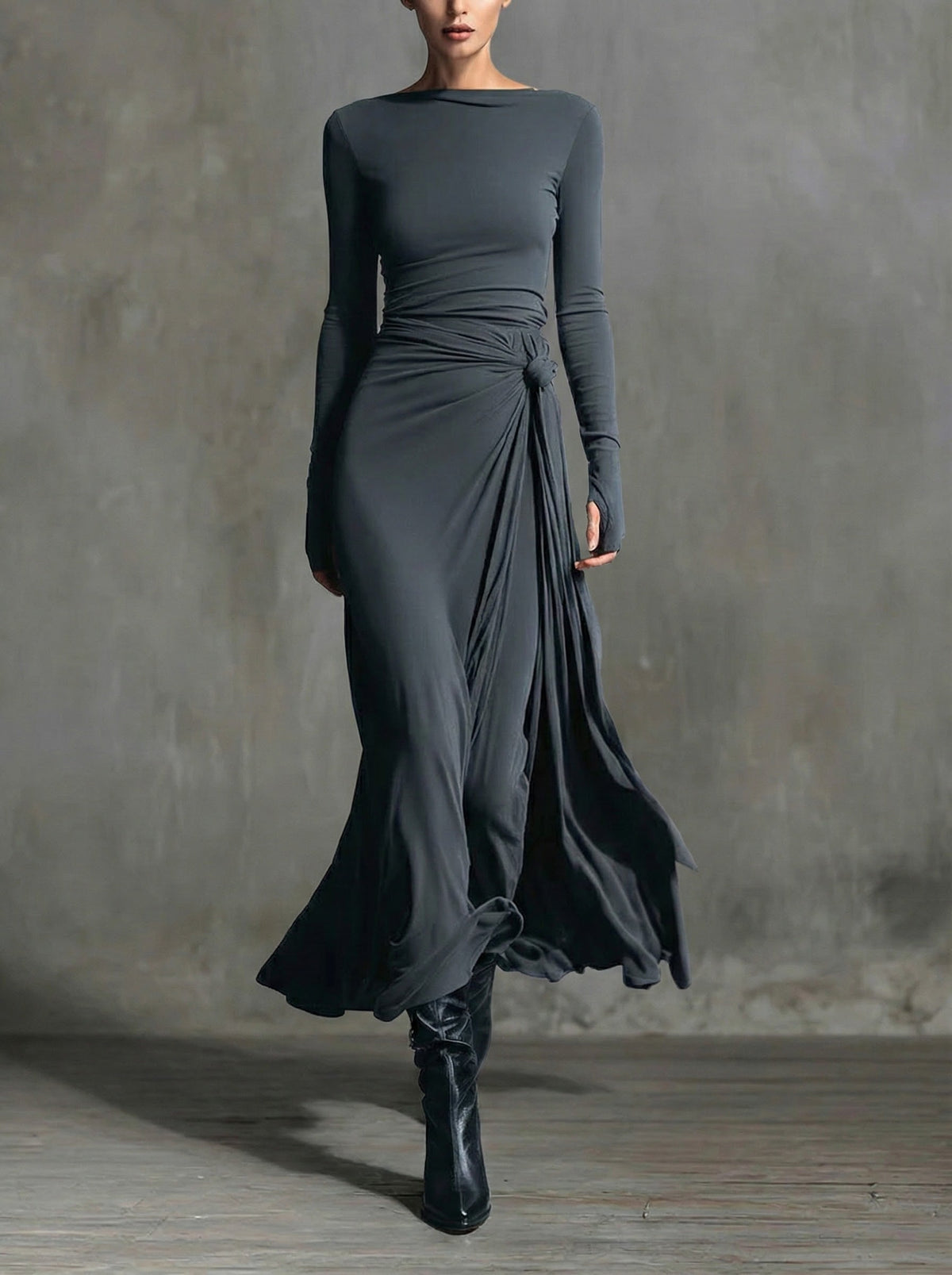 Naomi | Long Sleeve Side Knot Maxi Dress, colour Grey