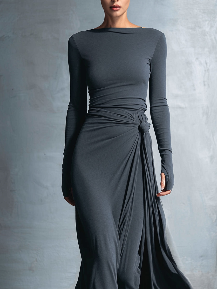 Naomi | Long Sleeve Side Knot Maxi Dress, colour Grey