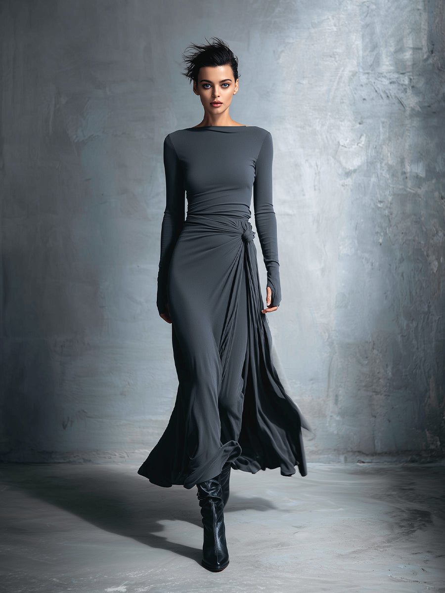 Naomi | Long Sleeve Side Knot Maxi Dress, colour Grey