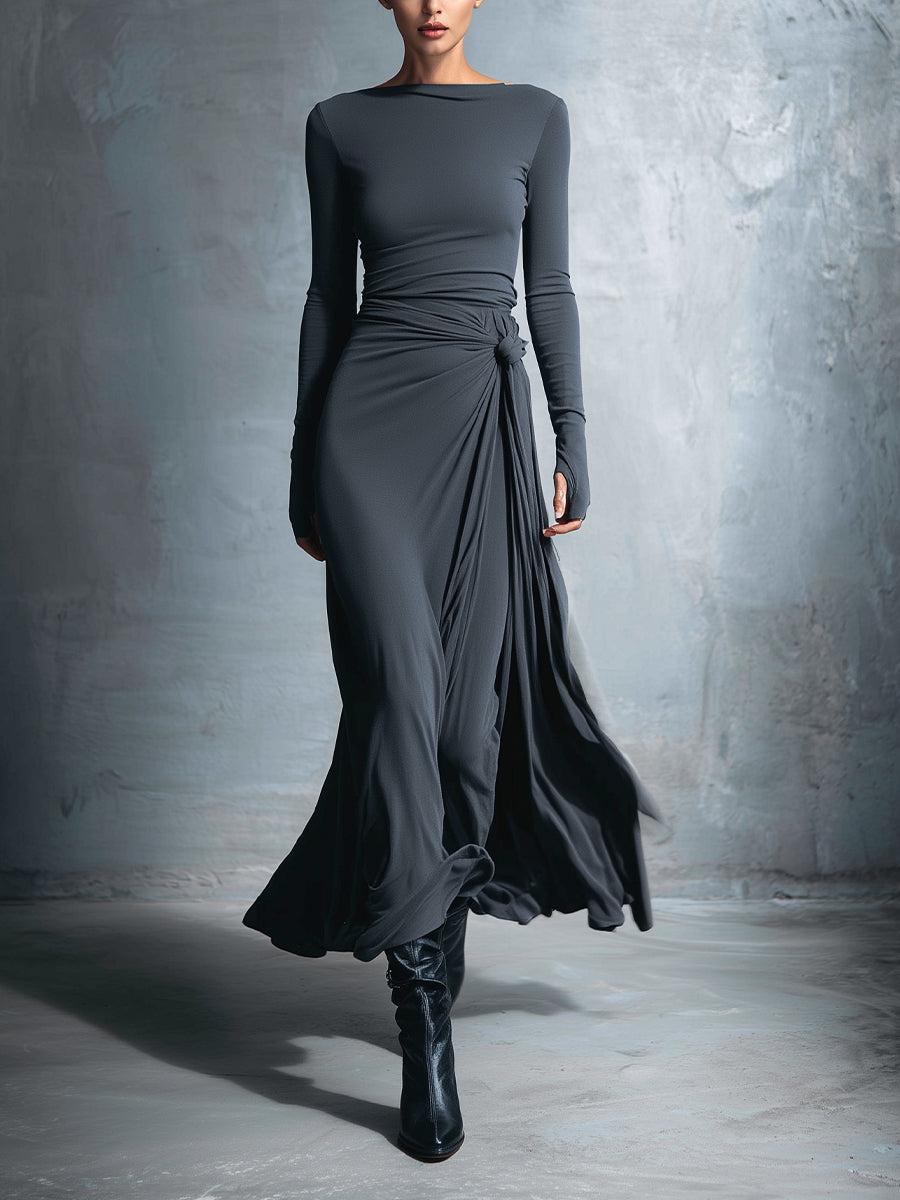 Naomi | Long Sleeve Side Knot Maxi Dress, colour Grey