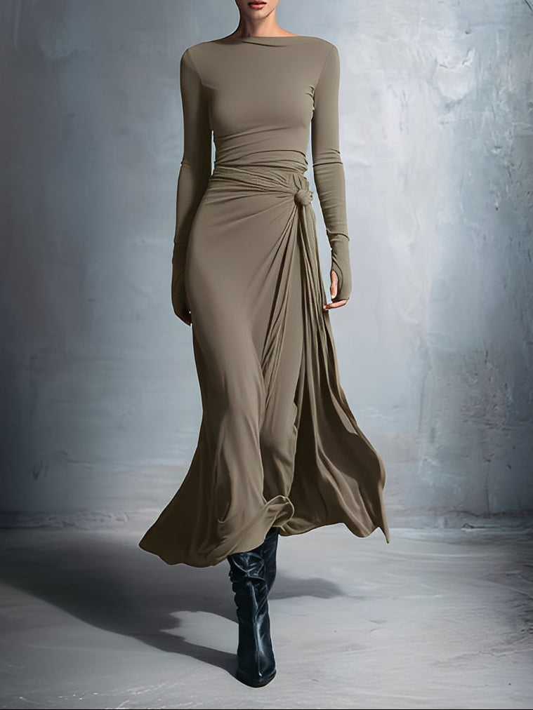 Naomi | Long Sleeve Side Knot Maxi Dress, colour Khaki