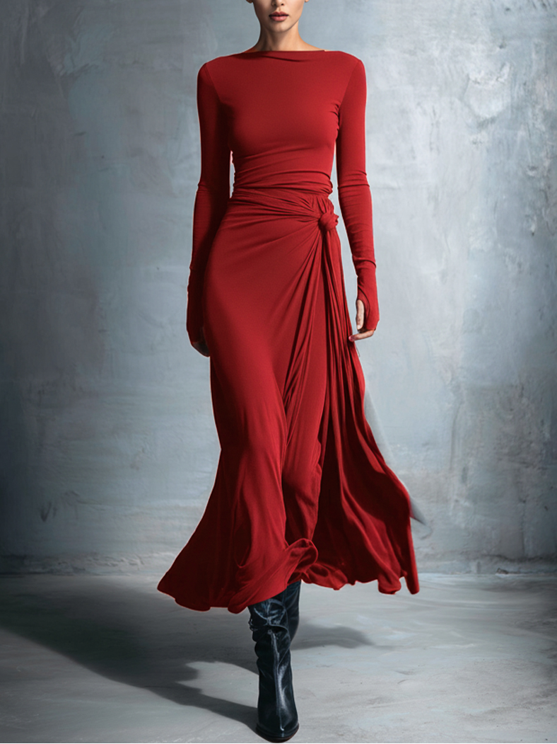Naomi | Long Sleeve Side Knot Maxi Dress, colour Red