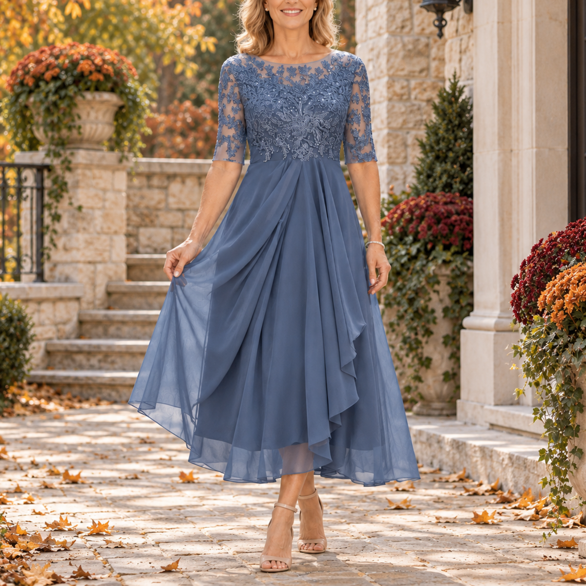 Nerissa | Dusty Blue Lace Bodice Midi Dress, colour Dusty Blue