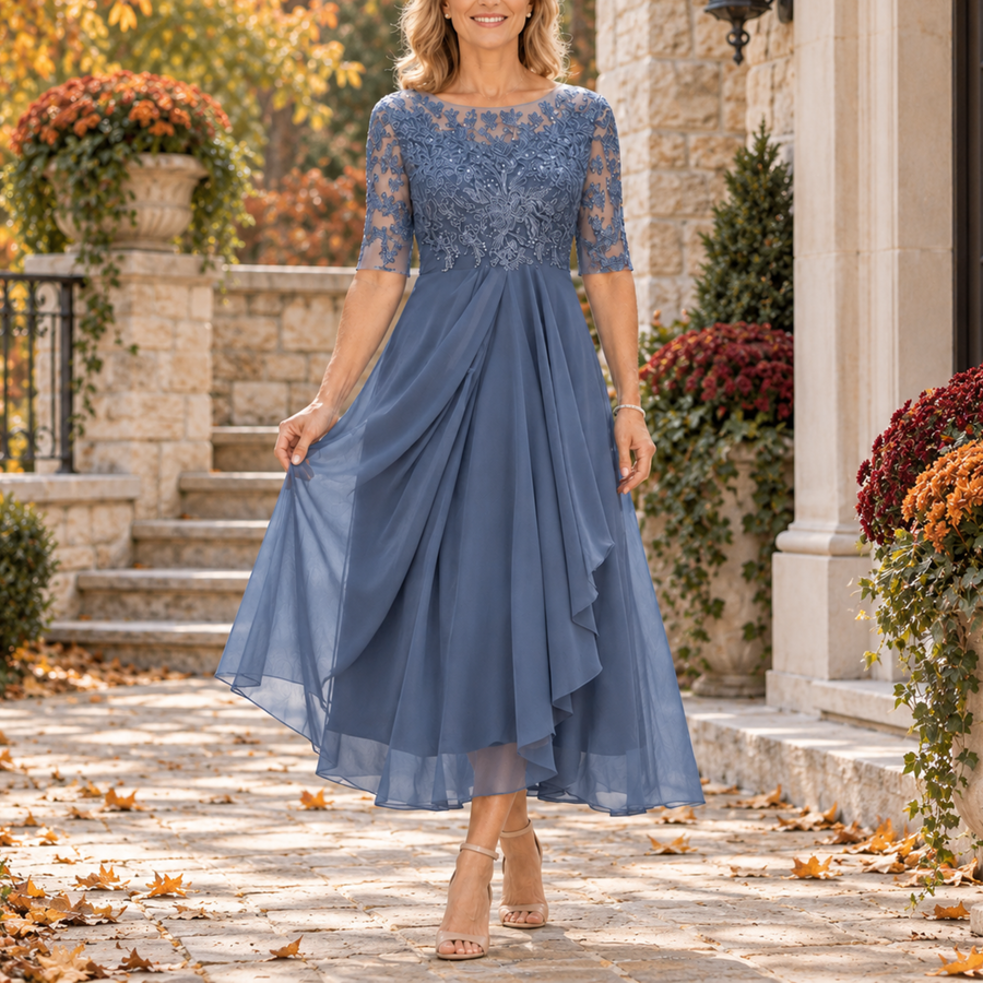 Nerissa | Dusty Blue Lace Bodice Midi Dress