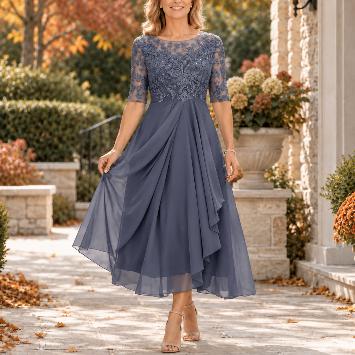 Nesta | Slate Blue Lace Bodice Midi Dress, colour Slate Blue