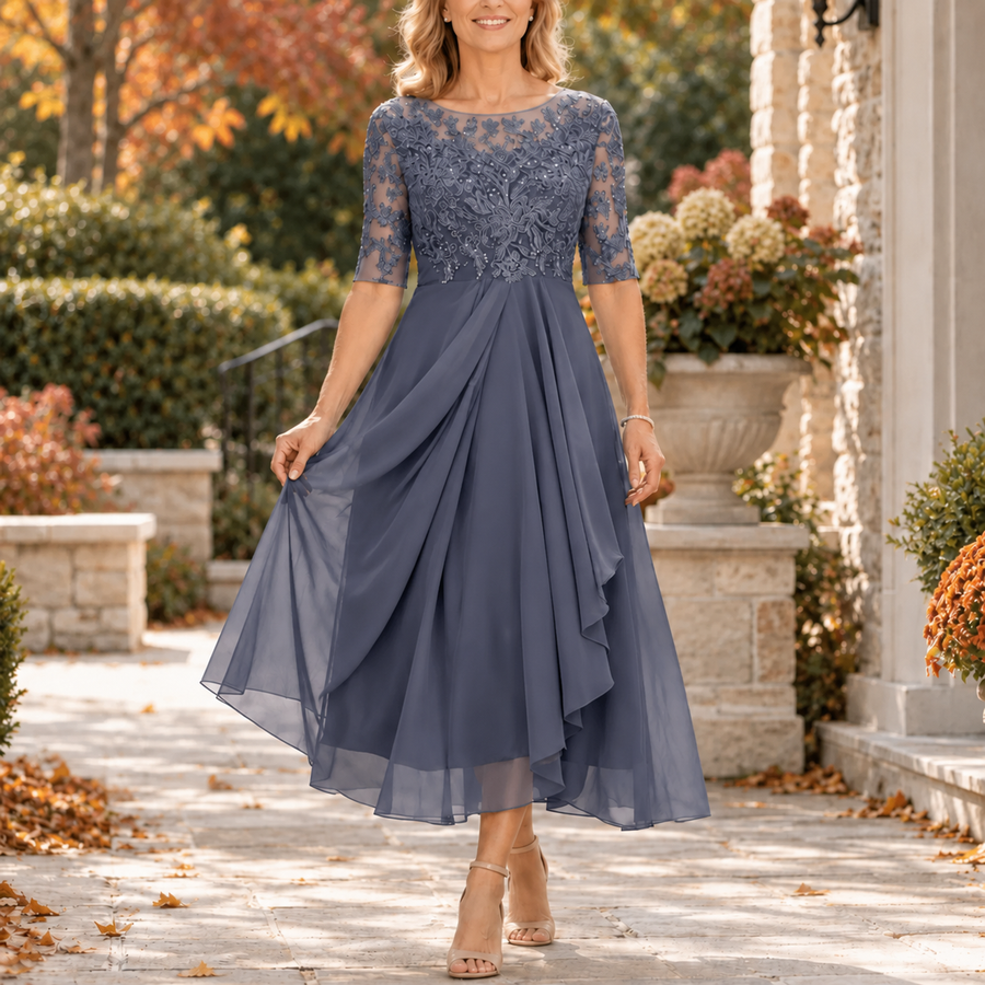 Nesta | Slate Blue Lace Bodice Midi Dress