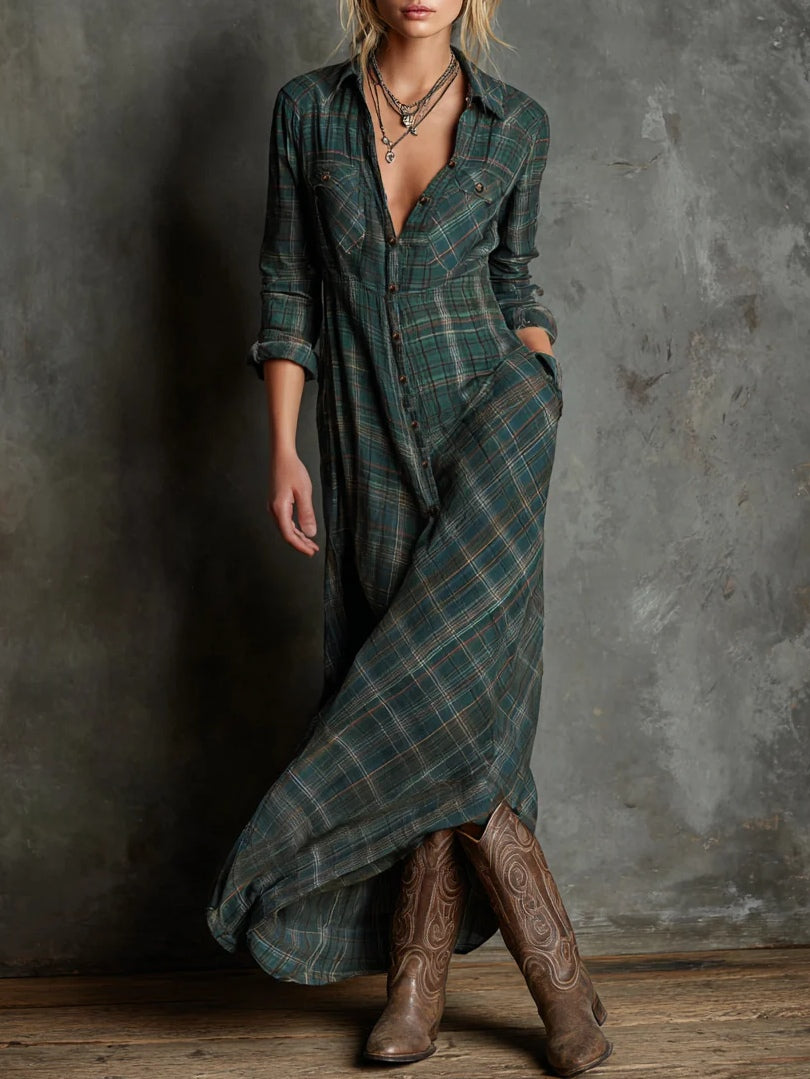 Niamh | Green Check Button Front Maxi Dress