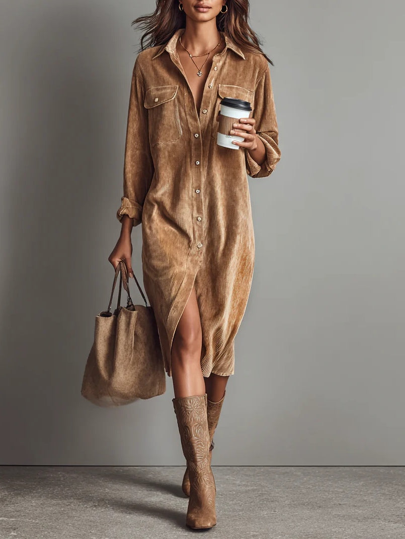 Nicola | Camel Corduroy Midi Shirt Dress, colour Camel