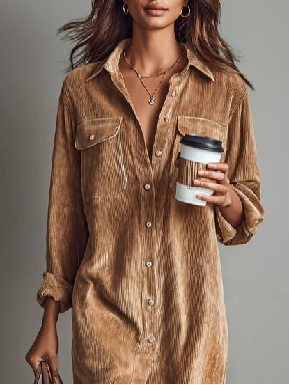 Nicola | Camel Corduroy Midi Shirt Dress, colour Camel