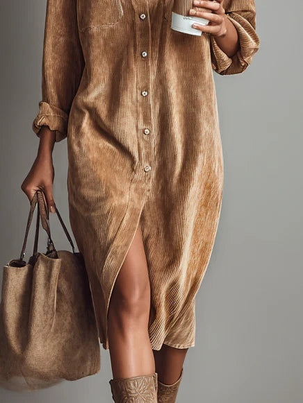 Nicola | Camel Corduroy Midi Shirt Dress, colour Camel
