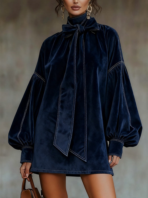 Noelle | Navy Velvet Bow Neck Mini Dress, colour Navy
