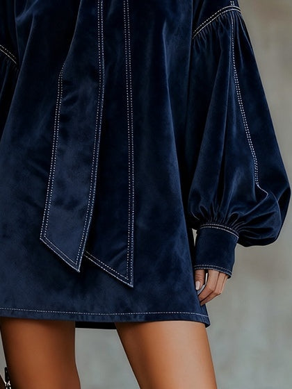 Noelle | Navy Velvet Bow Neck Mini Dress, colour Navy