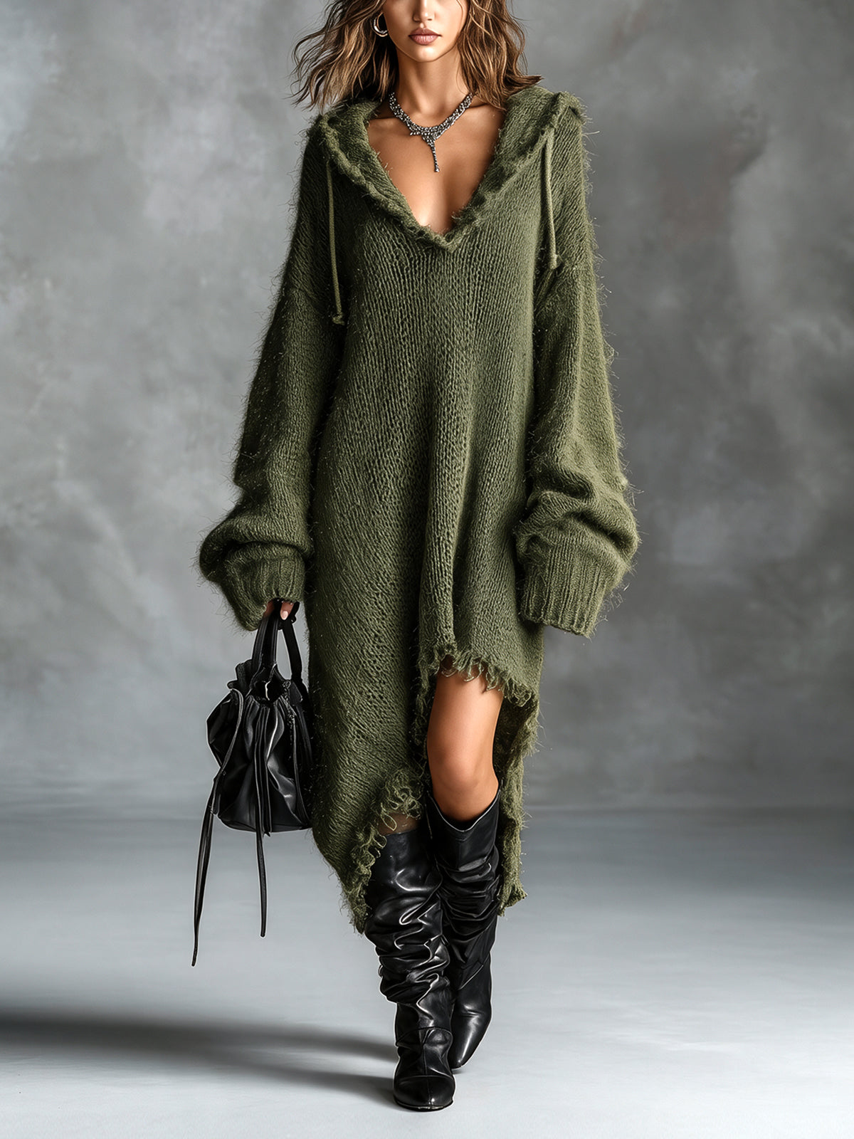 Octavia | Fluffy Knit Hooded Jumper Dress, colour Olive