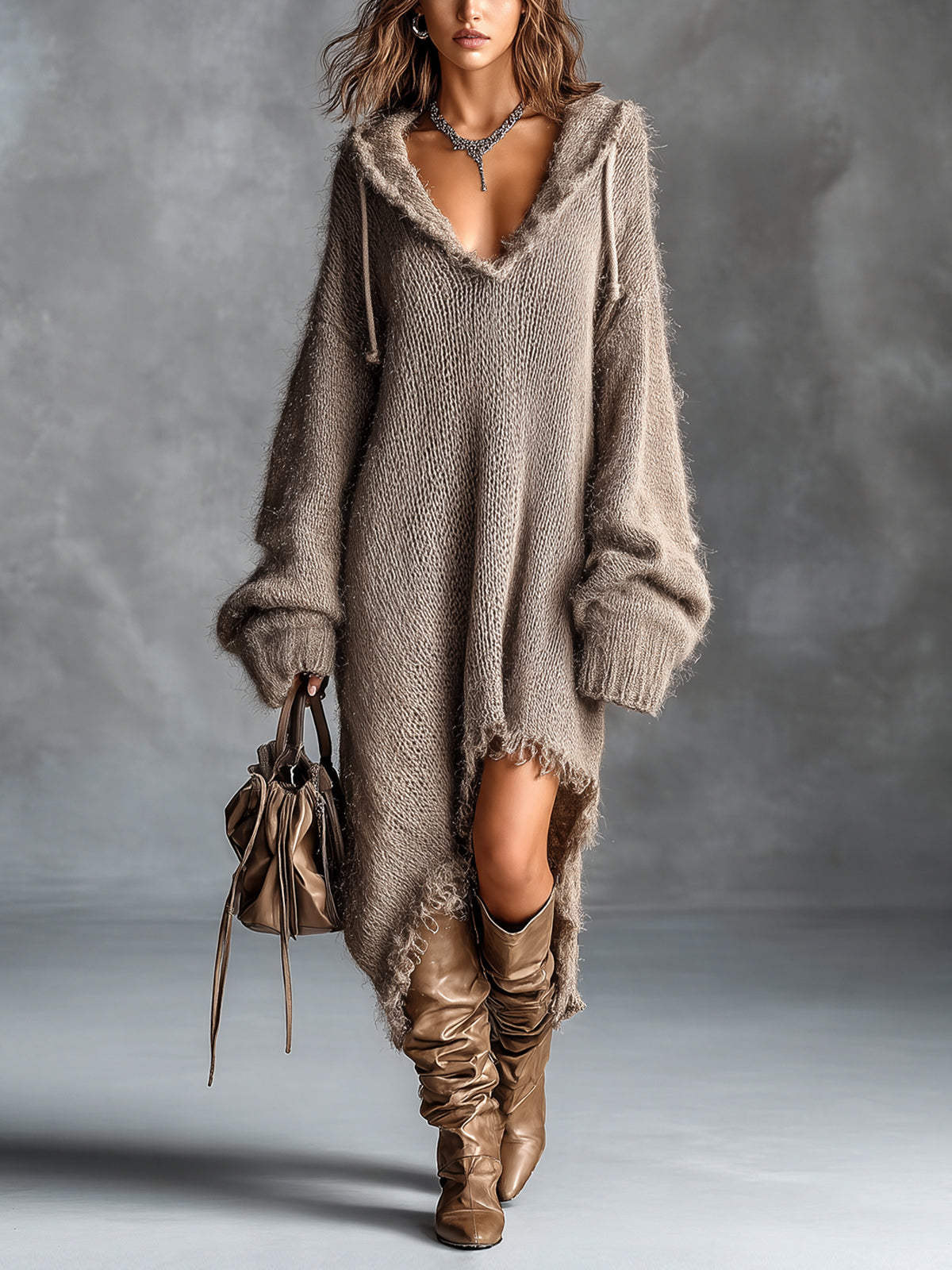 Octavia | Fluffy Knit Hooded Jumper Dress, colour Taupe
