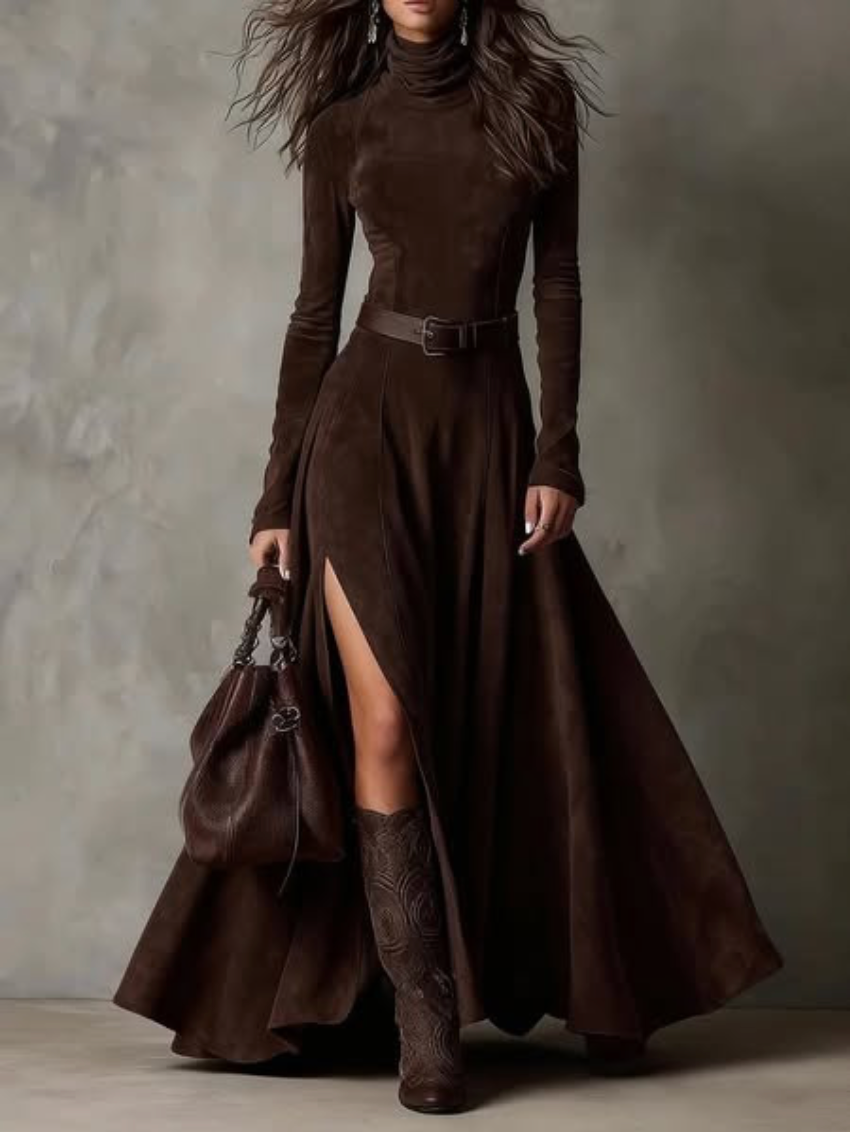 Odette | High Neck Flared Maxi Dress, colour Dark Brown