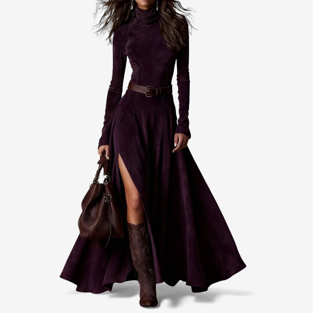 Odette | High Neck Flared Maxi Dress, colour Plum