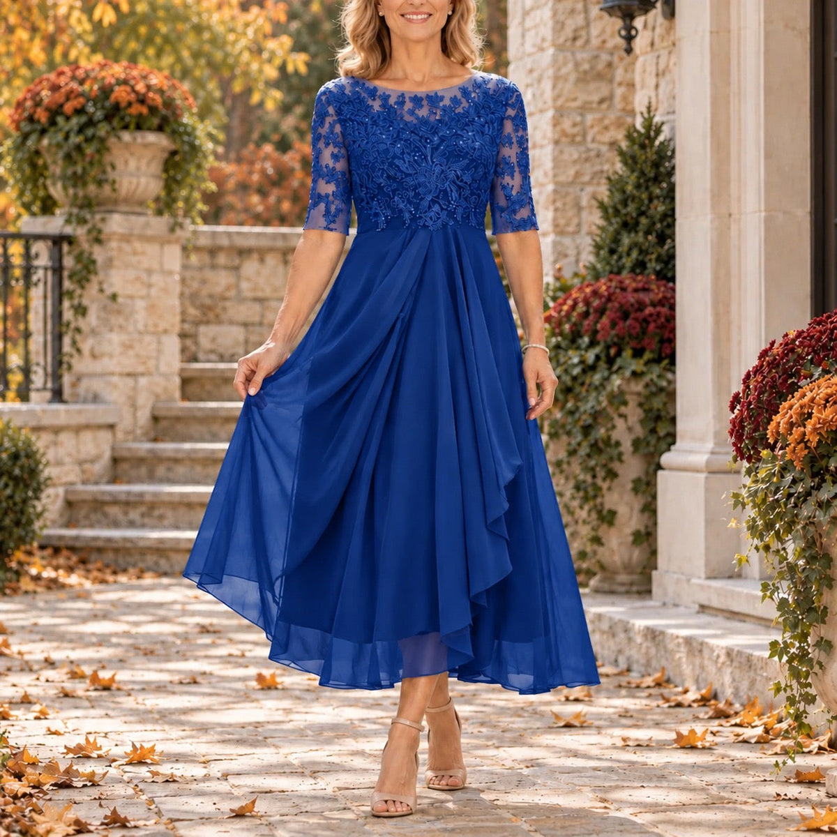 Pamela | Royal Blue Lace Bodice Midi Dress, colour Royal Blue