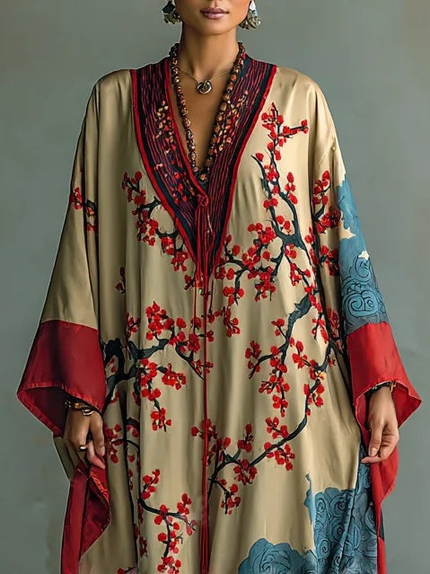 Patience | Plum Blossom Print Batwing Maxi Dress, colour Cream and Red