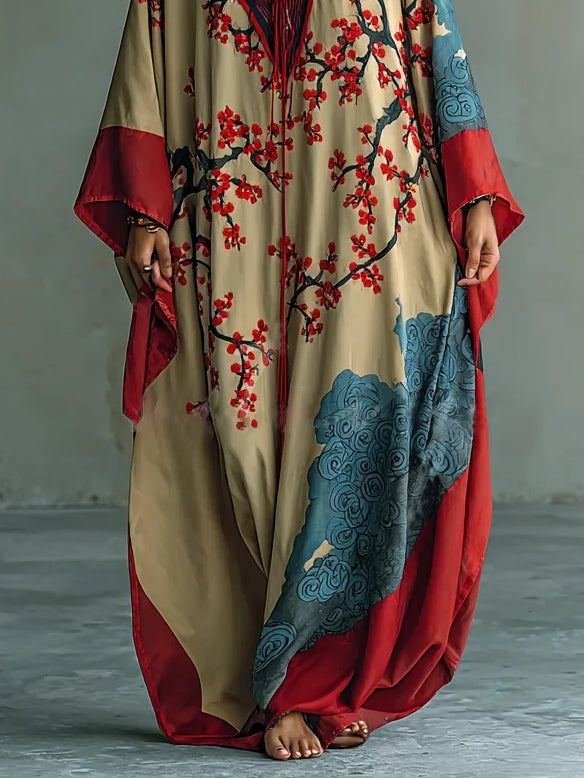 Patience | Plum Blossom Print Batwing Maxi Dress, colour Cream and Red