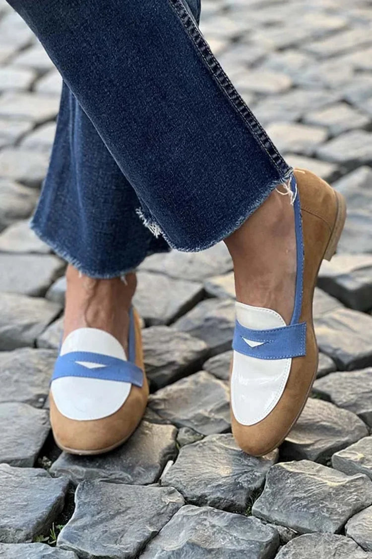 Peggy | Tan and Sky Blue Penny Loafers