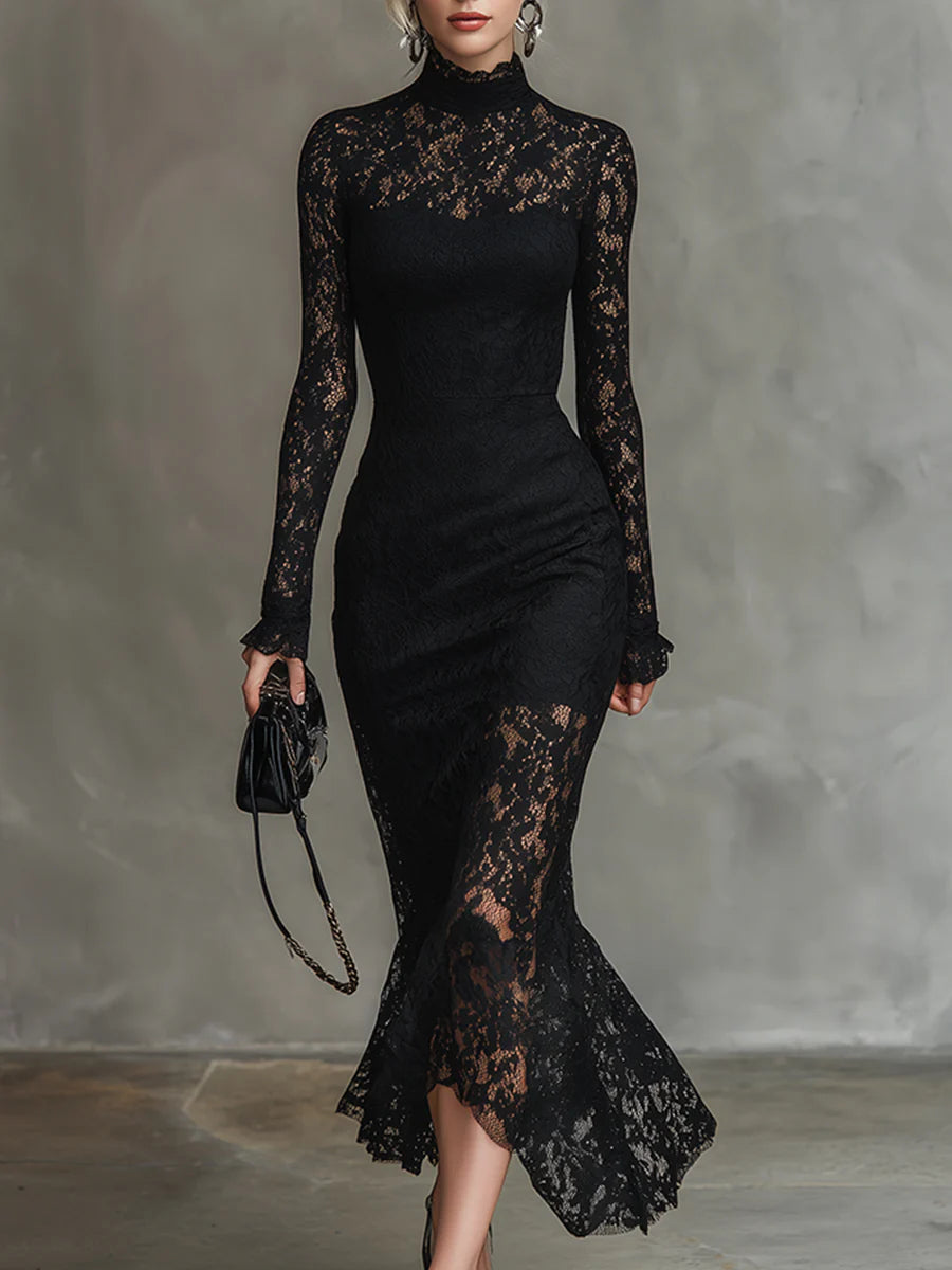 Perdita | Black Lace Fishtail Maxi Dress, colour Black