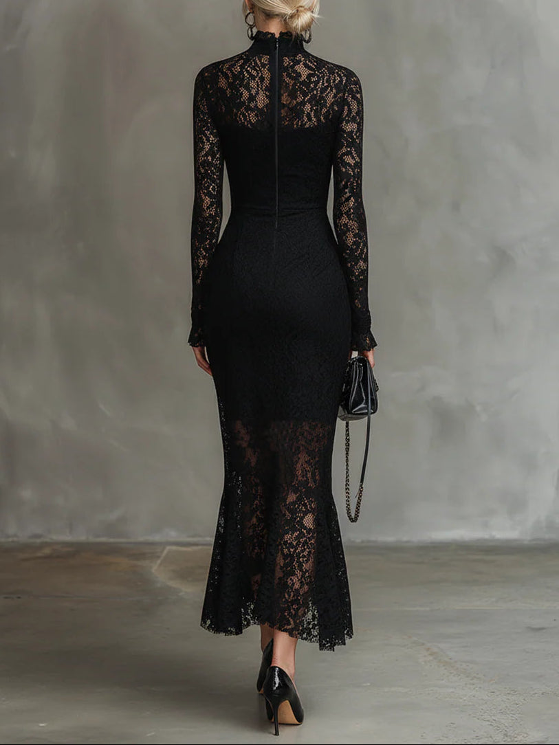 Perdita | Black Lace Fishtail Maxi Dress, colour Black