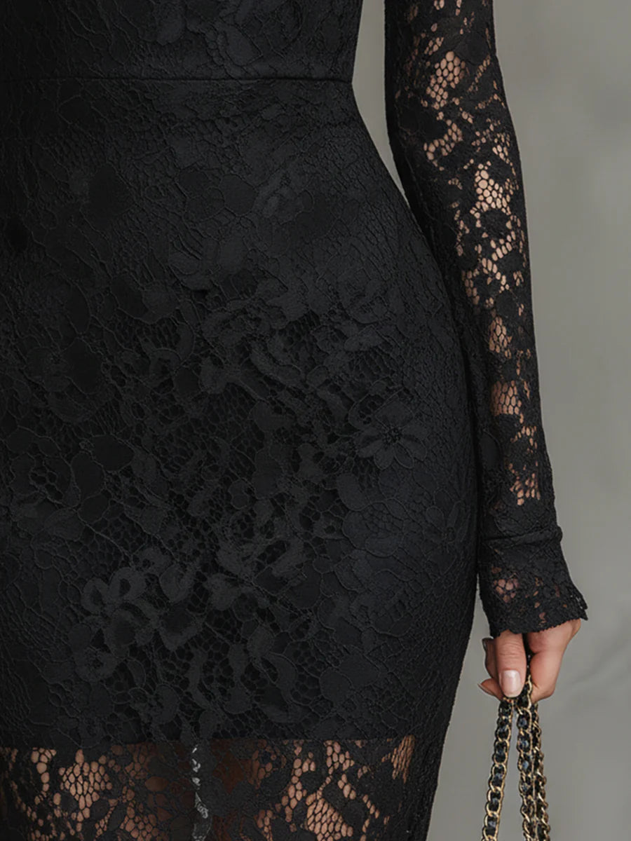 Perdita | Black Lace Fishtail Maxi Dress, colour Black