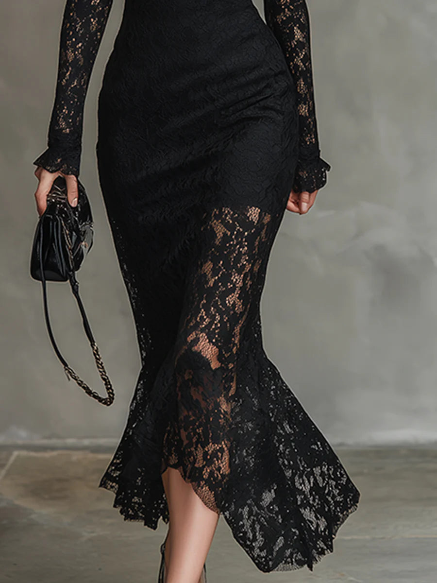 Perdita | Black Lace Fishtail Maxi Dress, colour Black