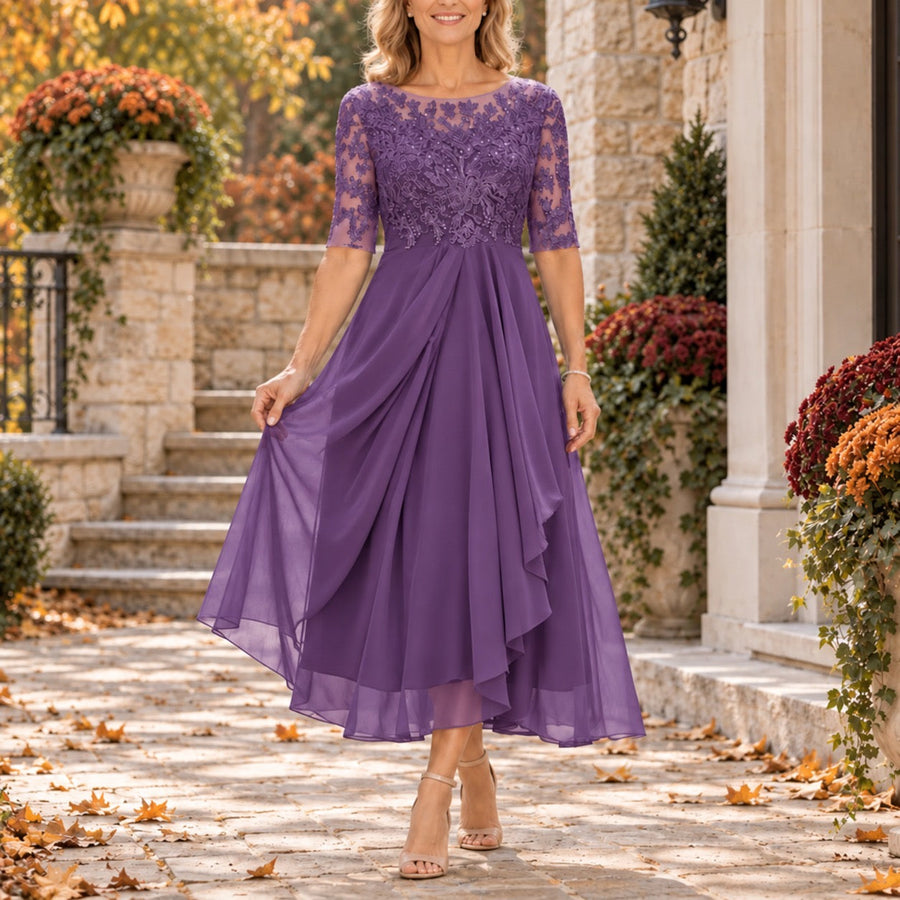 Petronella | Purple Lace Bodice Midi Dress