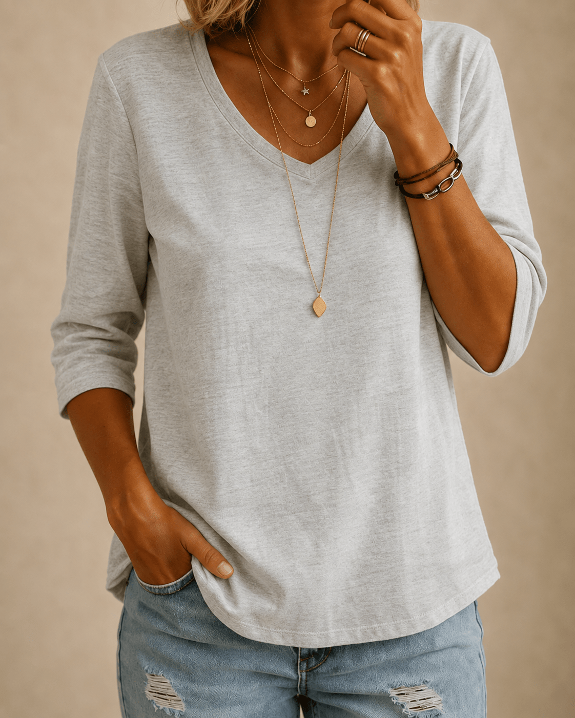 Phyllis | Light Grey V-Neck Tee, colour Light Grey